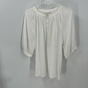 Garnet hill white button 1/2 sleeve Swiss dot semi sheer top L.